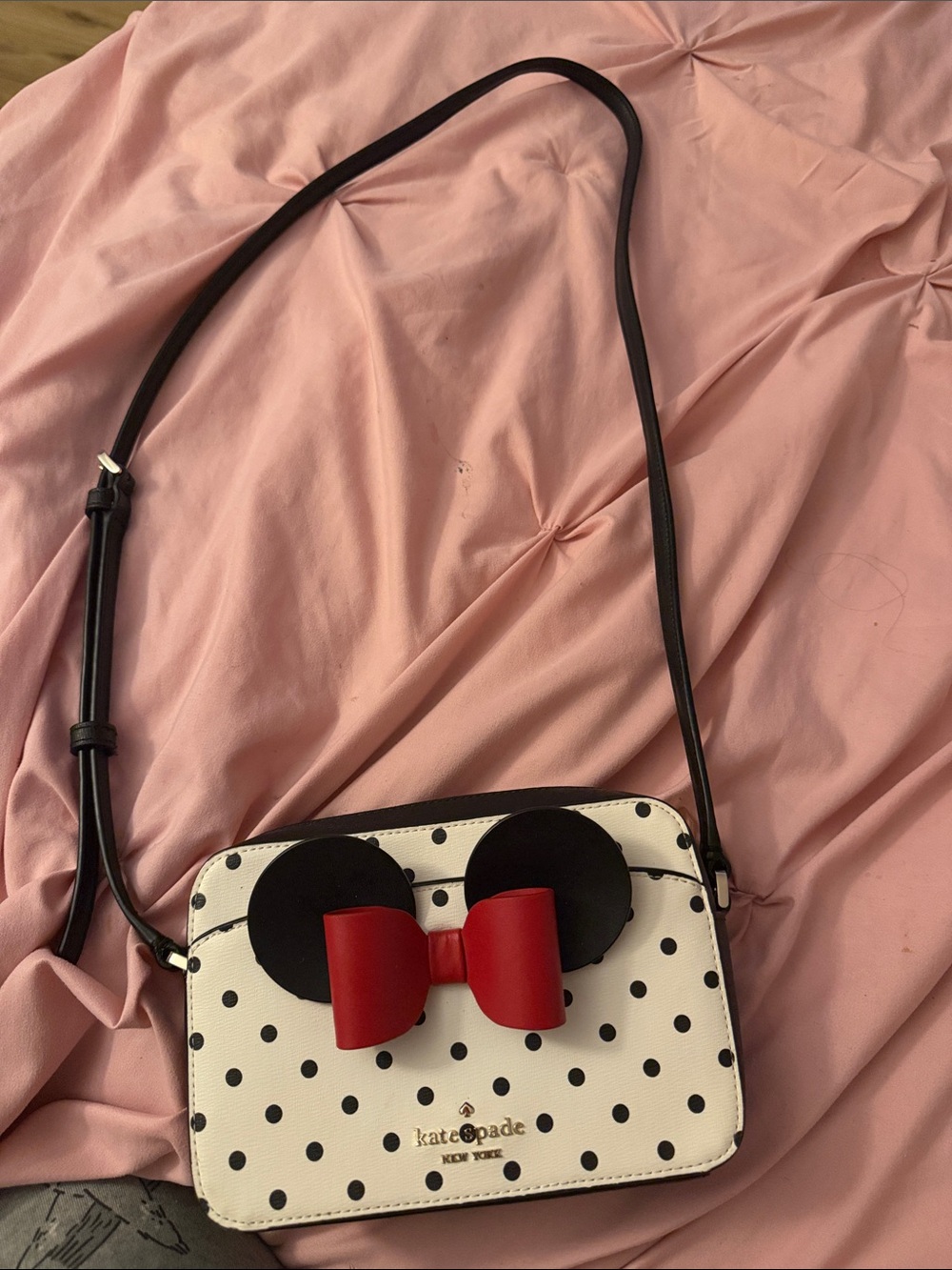 kate spade White Polka Dot Crossbody with Black Ears & Red Bow